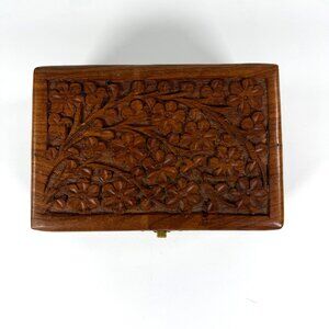 Hand Carved Wooden Jewelry Trinket Stash Box 6” Boho Vintage